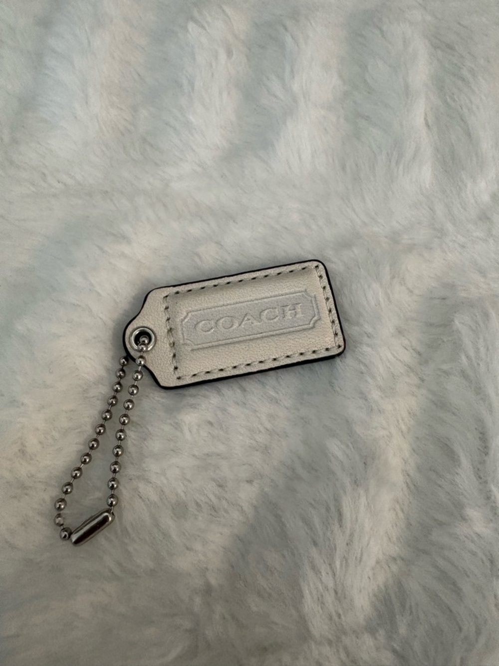 Coach Mini White Leather Bag Tag Keychain with Silver Chain